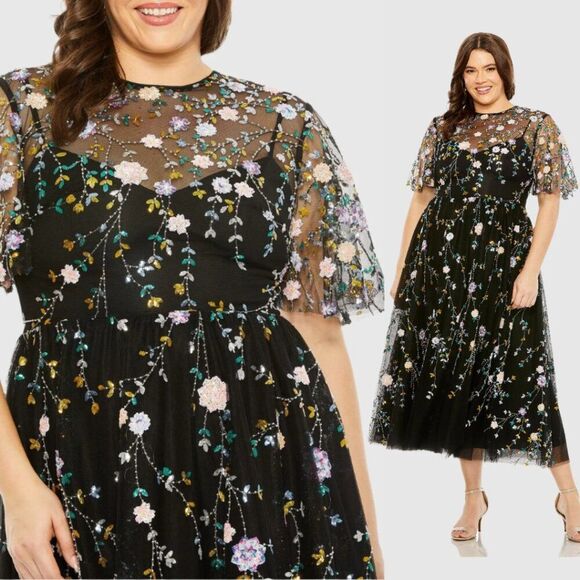 Mac‎ Duggal 68638 Size 20W 20 Black Sequin Floral Embroidered Midi Party Dress